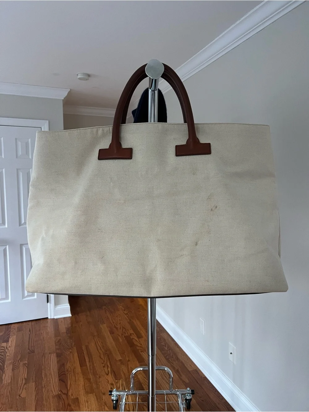 Authentic Tom Ford Cream Canvas Large Tote Bag with Brown Leather Handles